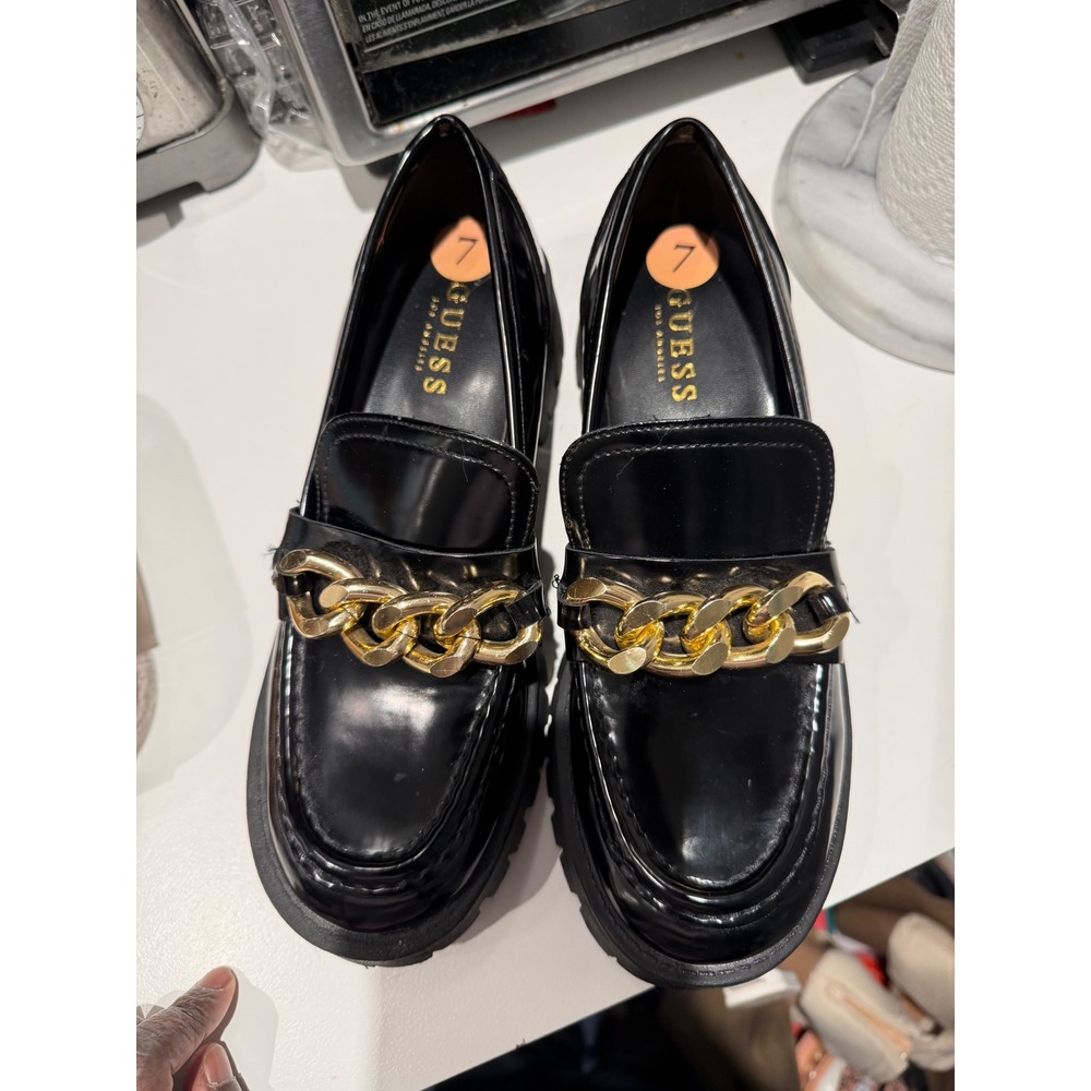Guess Black Patent Platform Loafers Gold Chain Chunky Lug Sole Shoes Womens 7M
